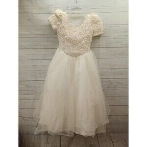 Vtg Alfred Angelo Flower Girl Ivory Lace Beaded Sequins Flare Sz 6